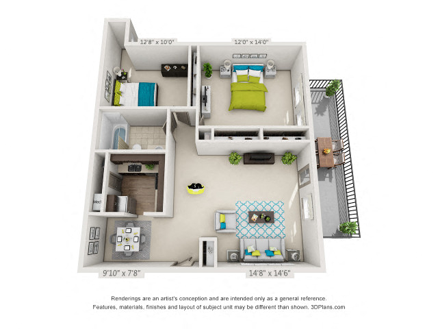 Floor plan for 2 beds, 1 bath, 909 sqft